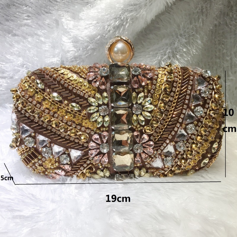 Túi clutch nữ thêu cườm đính đá cầm tay dự tiệc — Vàng cà phê chi tiết 1