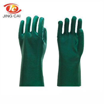 长期供应35cm绿色光面PVC手套 工业防护线手套 浸胶手套批发