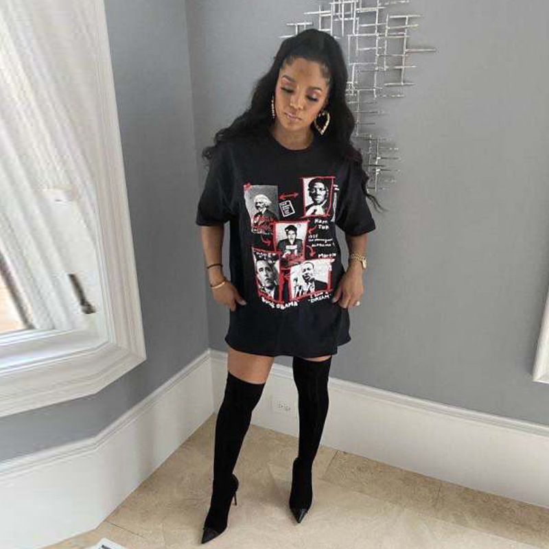 Women Casual Loose Straight Mid Length Short Sleeved Printed T shirt Women