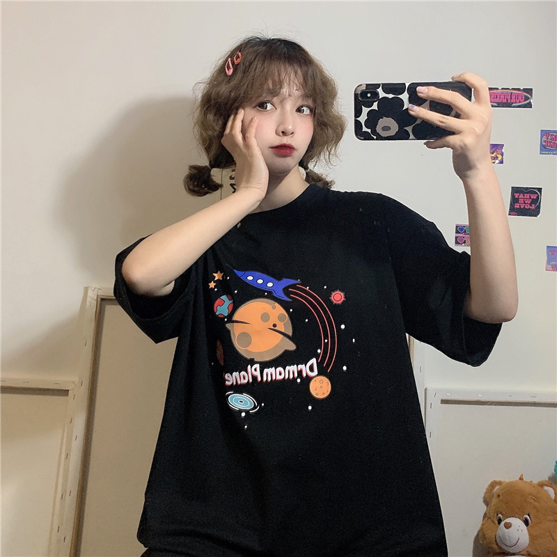 2021 Summer New ins Dark Short-sleeved T-shirt Women's Loose Students Korean-style bf Harajuku-style Tie-on Clothes