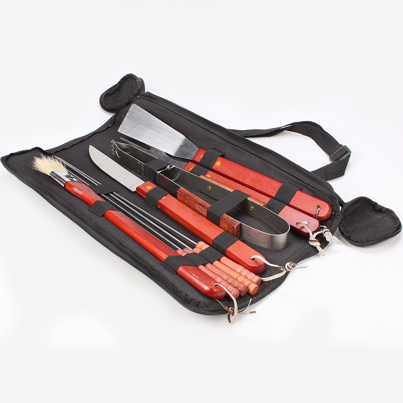 [Fuente de fábrica] Herramienta de barbacoa de acero inoxidable mango de madera bolsa de tela de 9 piezas traje parrilla accesorios de barbacoa
