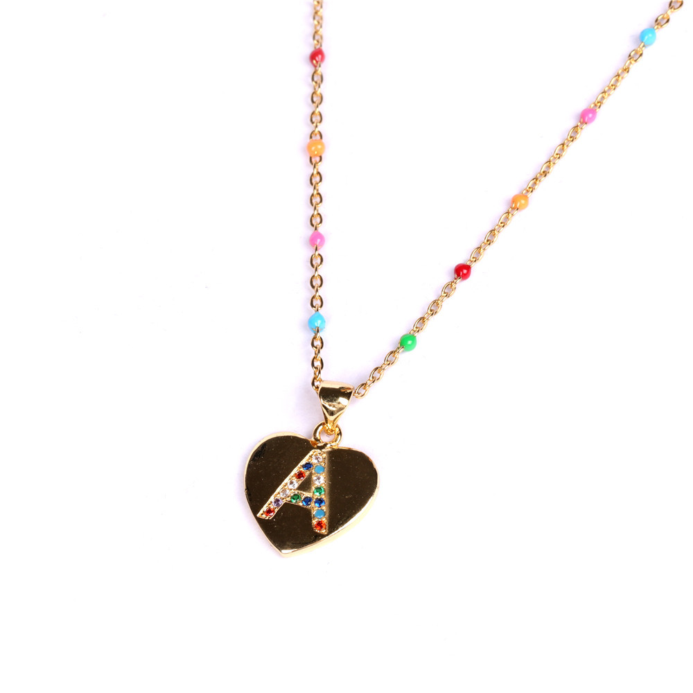 26 letters colorful zircon heart-shaped pendant necklace wholesale