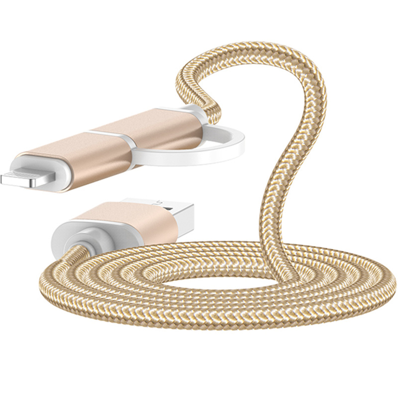 厂家直销二合一手机充电线适用苹果安卓快充一拖二编织尼龙数据线