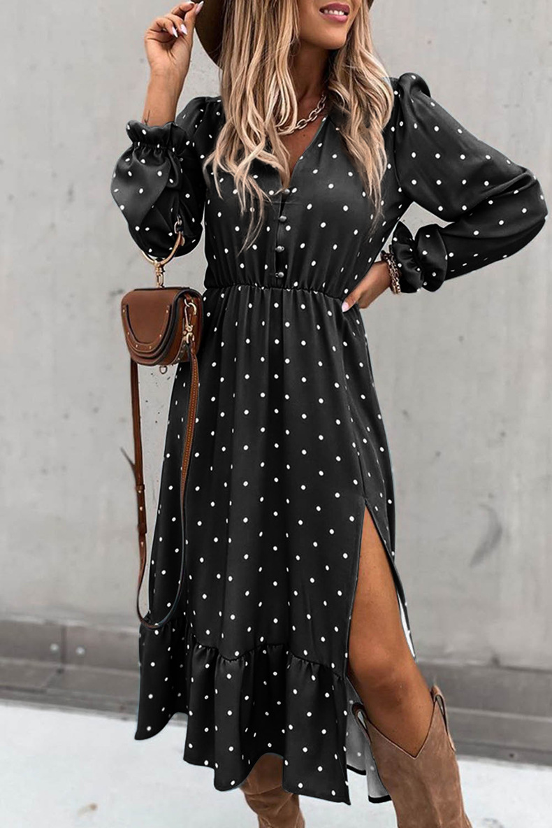 Wave Dot Print V-Neck Long-Sleeved Hedging Slit Dress NSQSY78175