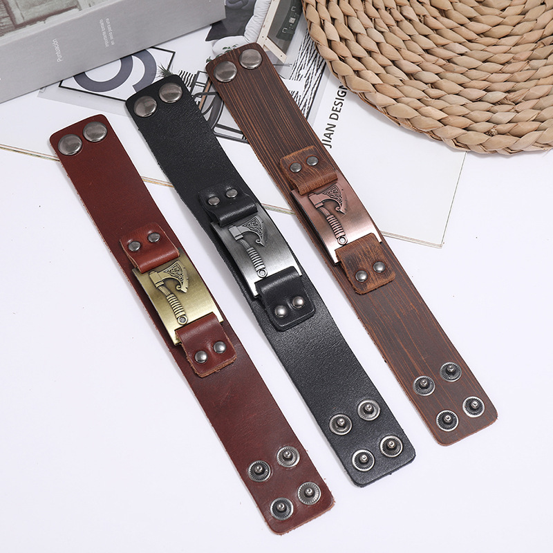 Viking Tomahawk Leather Retro Simple Punk Menu0027s Locomotive Wide Leather Bracelet wholesale nihao