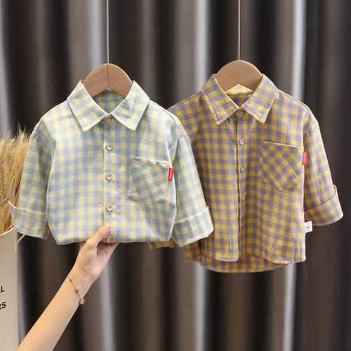 Kids' Clothing: Boys' Small-Kid Lapel Long-Sleeve Shirts –  Spring/Summer Collection – Trendy, Stylish Plaid Shirts for Outfits