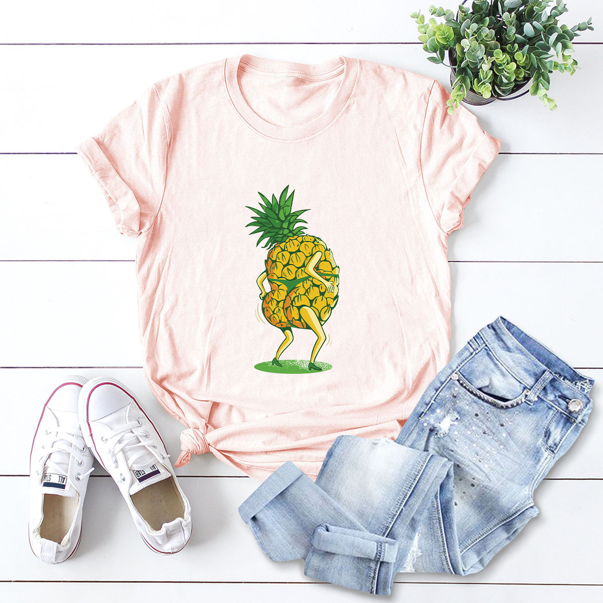 casual pineapple print short-sleeved women s T-shirt NSSN1777