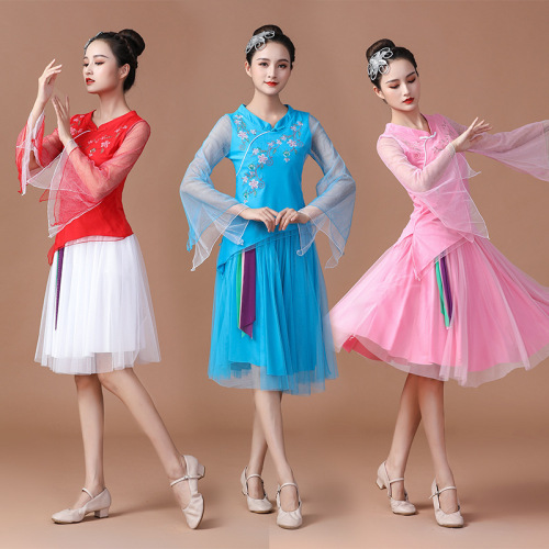 Women chinese folk dance dresses yangko umbrella fan dance costumes Yunshang square dance suit performing Umbrella Dance