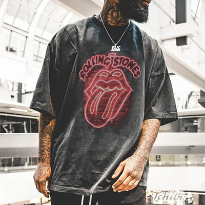 2020新款街頭歐美亞馬遜休閑個性印花大嘴巴寬松大碼男式棉T恤