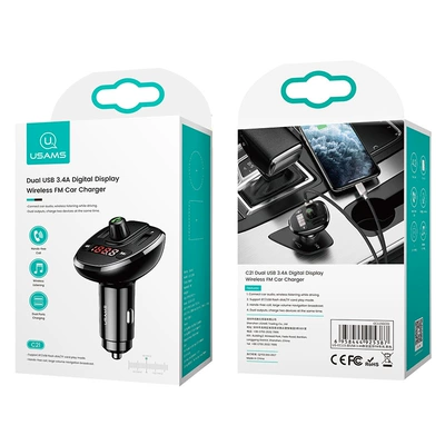 Yusheng C21 car Digital Display Bluetooth FM transmitter 3.4A fast charging dual USB smart car charging one drag two (FM Modulyator) - black