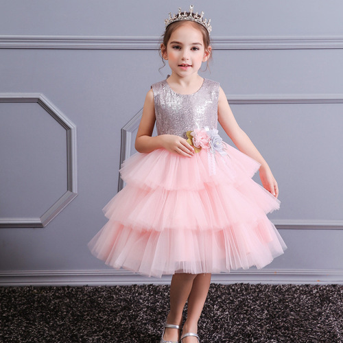 Kids baby stage performance pink sequined prom party princess dress flower girls model prom party show pageant dresses for toddlers group flower girl dress