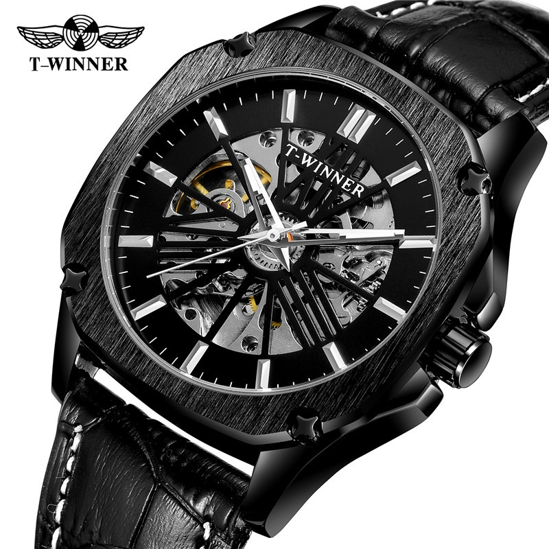 Ganador reloj mecánico automático para hombres moda hueco transparente volante correa de cuero reloj mecánico 8182