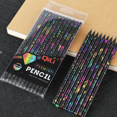 Qili black wood pencil cartoon creative color printing elementary school students with diamond HB pencil cross-border black belt rubber pencil