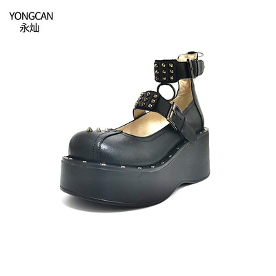 現貨2020秋季圓頭女式單鞋套筒鉚釘厚底松糕真皮女鞋平底産地貨源