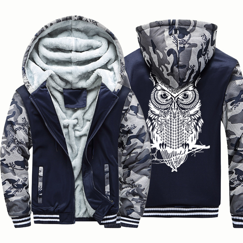 Autumn and Winter New Fleece-lined Hooded Long-sleeved Sweatshirt Men's Owl Fashionable Printed Casual Coat Young Men's Fashionable Brand