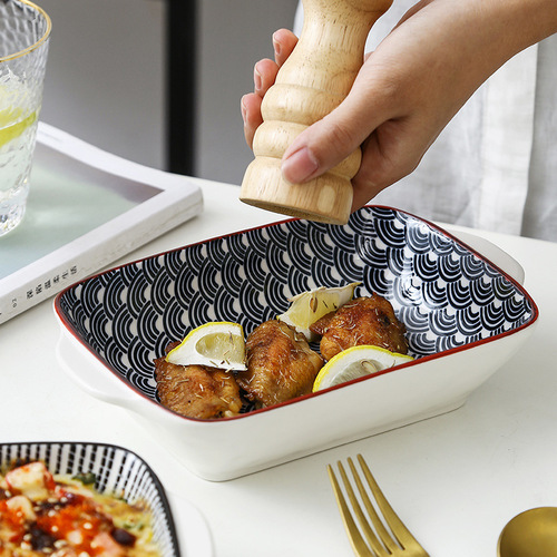 Double-ear baking bowl ceramic baking pan baking rice plate tableware creative dish plate home microwave oven bowl available