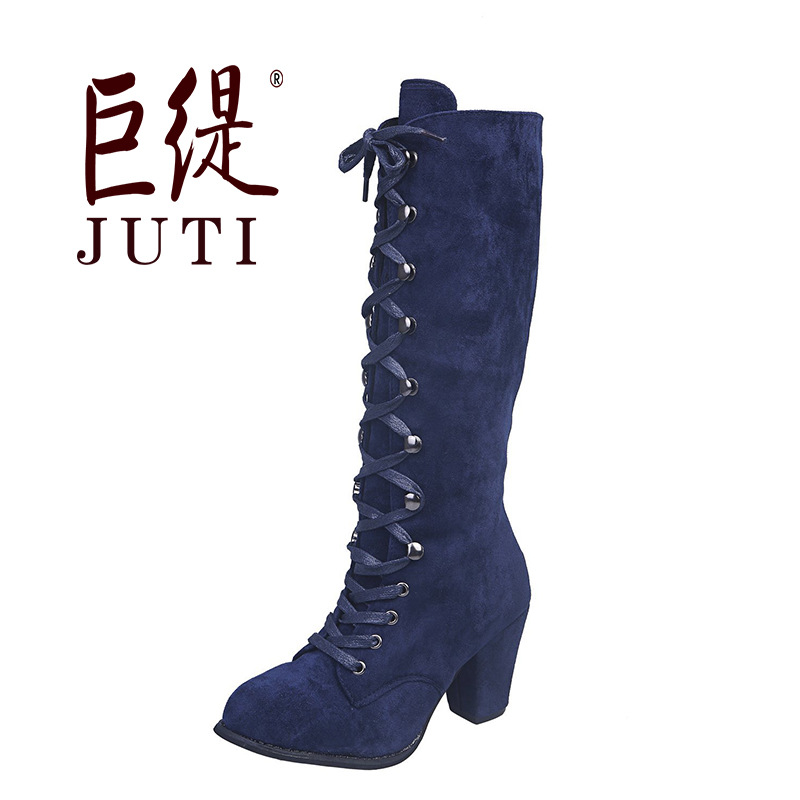 Juti Autumn And Winter New Foreign Trade Large Size Women's Boots Independent Station Wish European And American Rivets Women's Thick Heel Mid-tube Women's Leather Boots