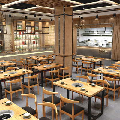 定制火鍋店實木桌椅飯店桌椅組合餐館用大理石桌子電磁爐壹體商用