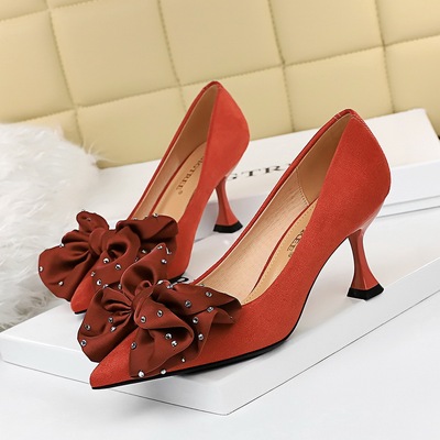 262-A2 han edition style elegant banquet heels with shallow mouth cat pointed suede flowers single diamond shoes for w