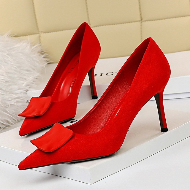 Women’s shoes with slim heels suede shallow mouth pointed point solid color high heel single shoes