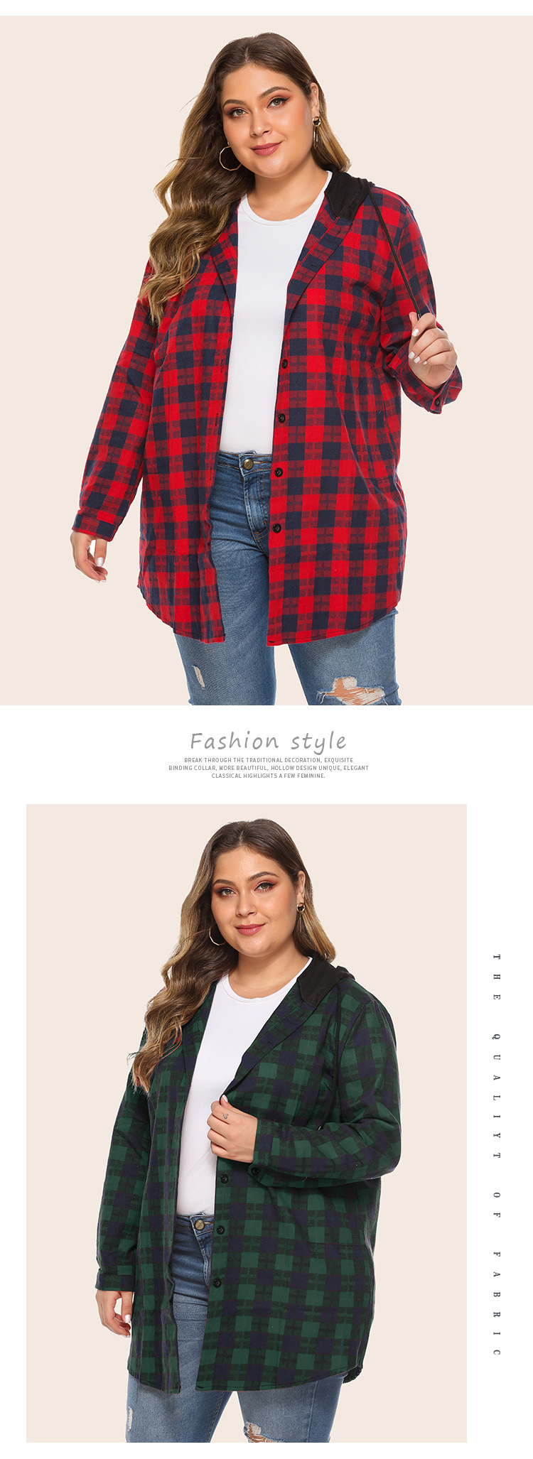 plus size hooded plaid pocket jacket  NSJR51591