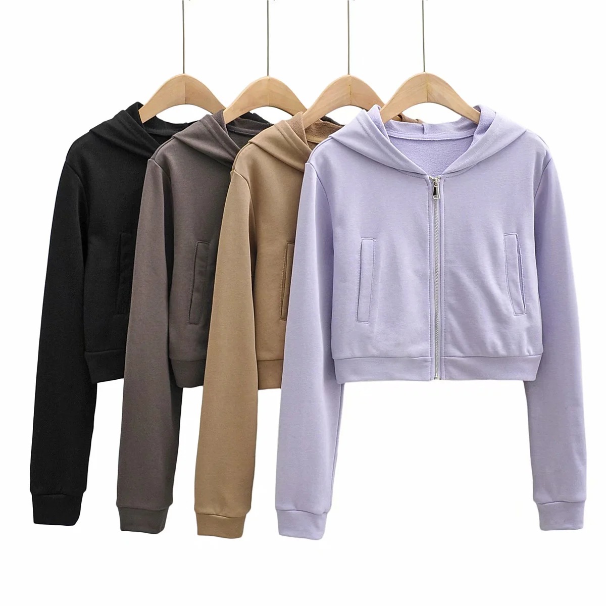 solid color zipper hooded short sweatershirt NSHS24087