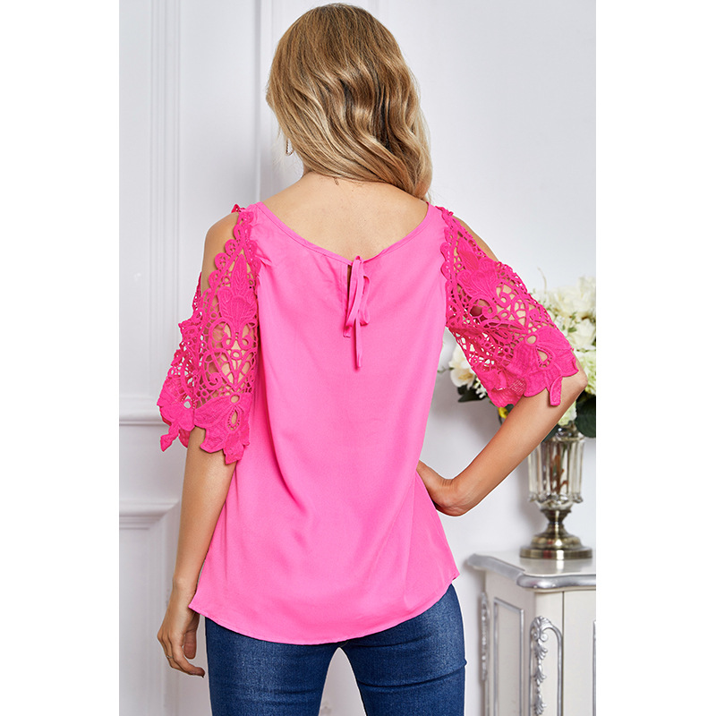 solid color lace stitching round neck top NSSA25927