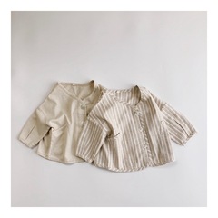 Children's cotton and linen cardigan spring and autumn new Korean style loose long-sleeved jacket literary forest cotton and linen striped cardigan