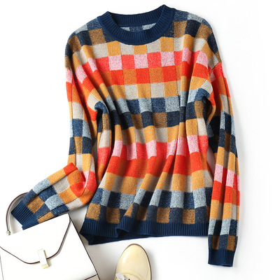 2020秋冬款气质通勤宽松型格子圆领欧美长袖纯毛类100%套头羊绒衫