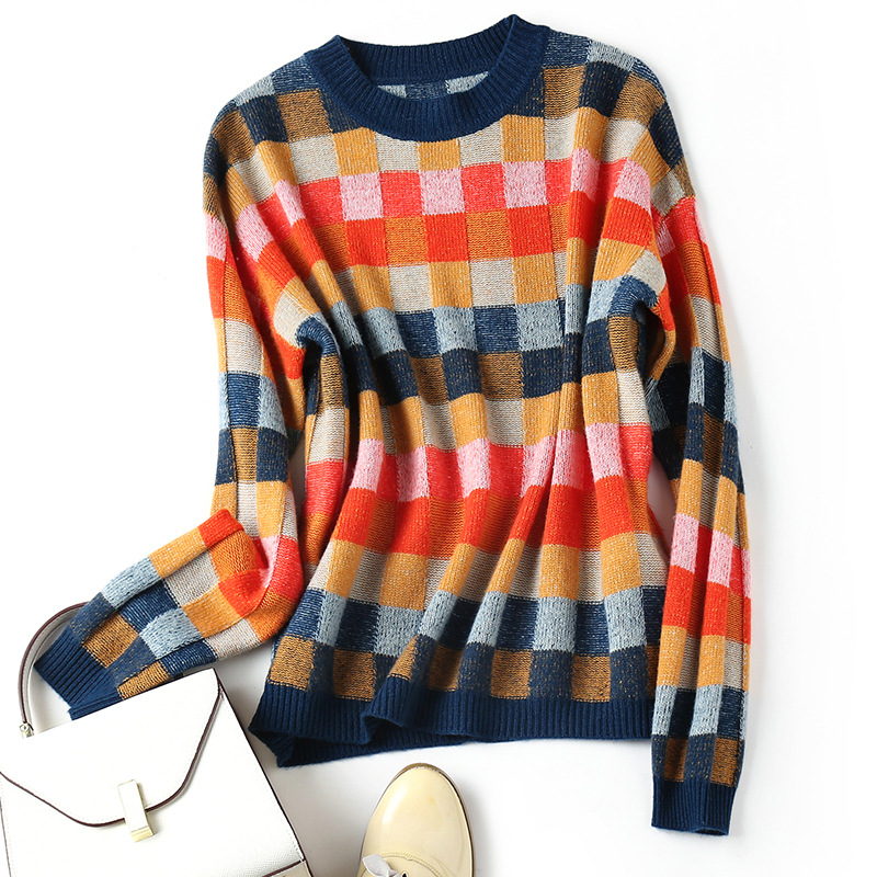 2020秋冬款气质通勤宽松型格子圆领欧美长袖纯毛类100%套头羊绒衫
