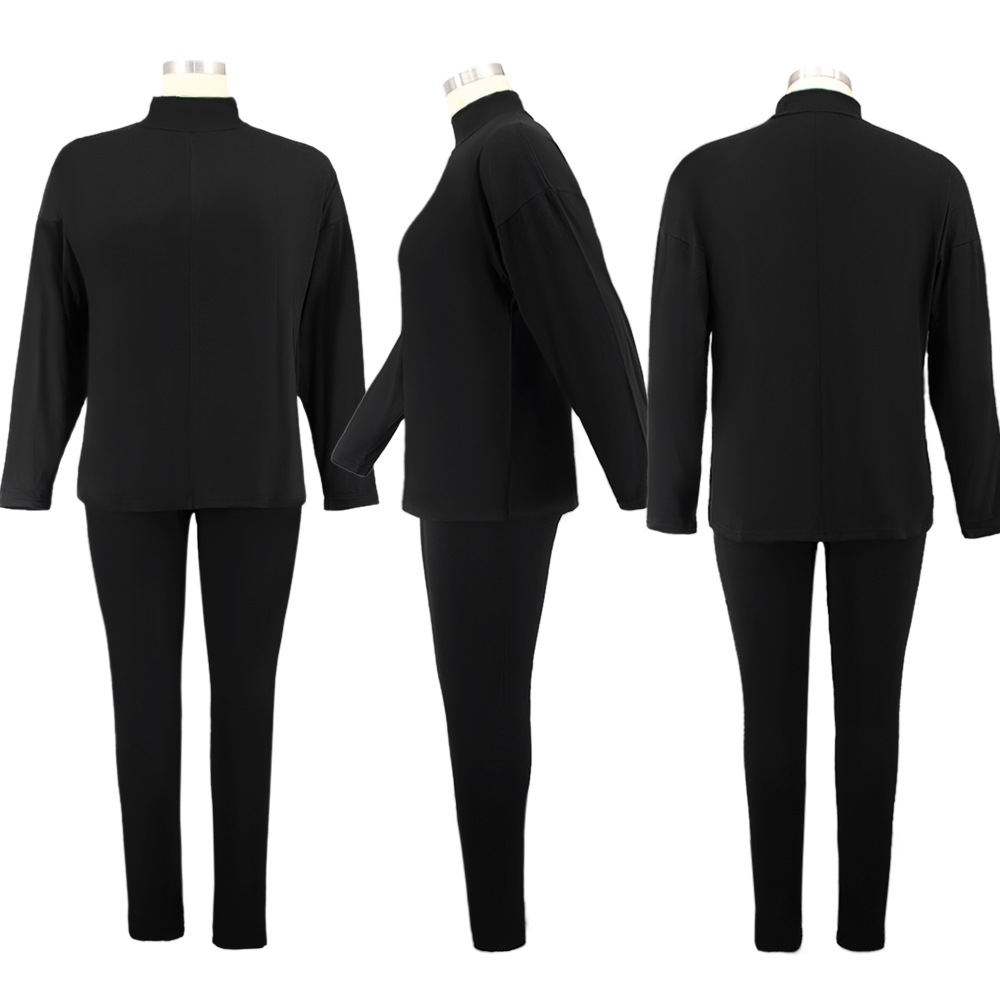 Long Sleeve Top With Trousers Plain Large Size Sets