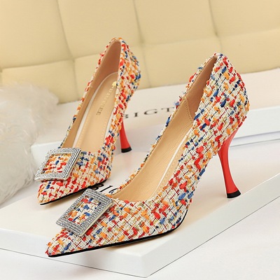 998-5 han edition the stiletto heel cup with shallow mouth pointed spell cloth surface metal diamond square buckle shoes