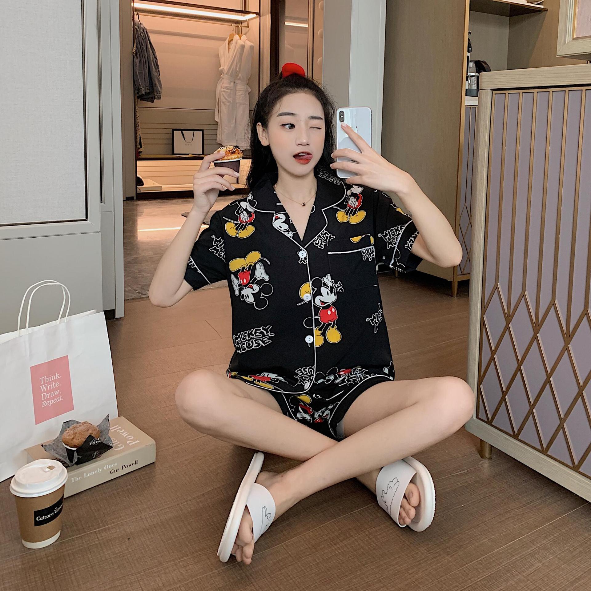冰丝睡衣女夏季薄款短袖两件套甜美可爱大码胖mm丝绸家居服套装|ms