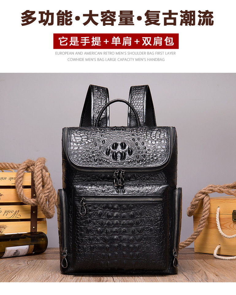 Ba lô nam da bò lớp đầu vân cá sấu, ngăn laptop 15 inch, dung tích lớn — 1269 Đen (Vân cá sấu), Màu đen, Cà phê, 1269 Đen (rơi tự nhiên) chi tiết 10