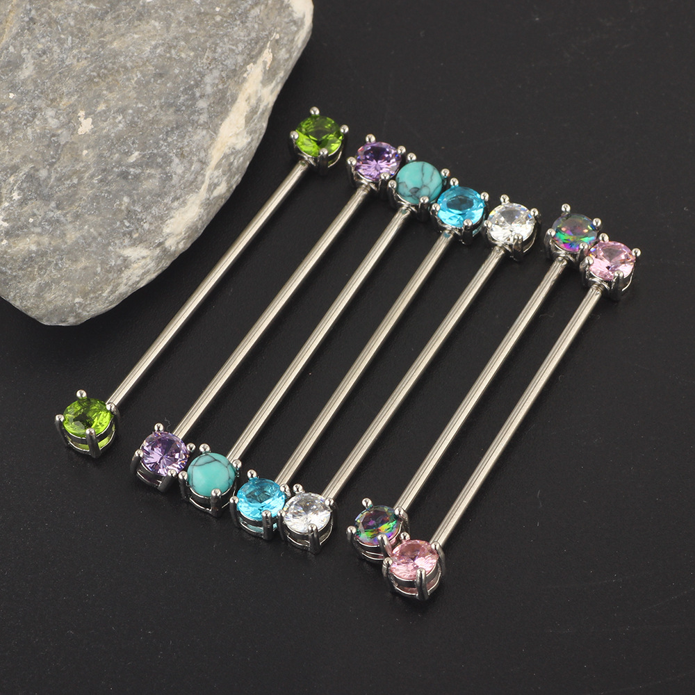 Amazon Stainless Steel European and American Stud Earrings Personalized Zircon Industrial Barbell Crossbar Piercing Jewelry detail image 7