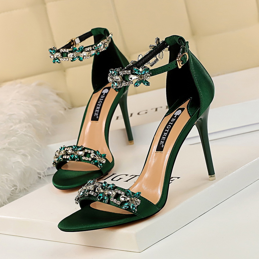 European And American Style Sexy Party High-heeled Shoes Women's Stiletto High-heeled Satin Open Toe Rhinestone Sandals Lady shoes