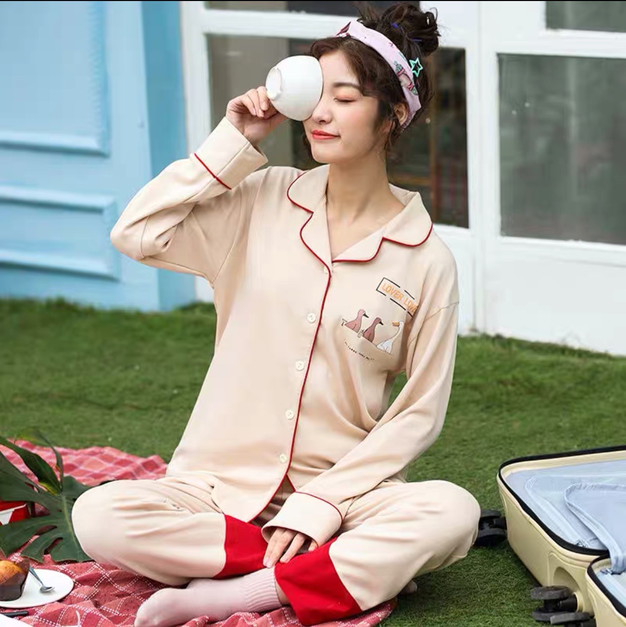 Pijamas de las mujeres de primavera y otoño de manga larga traje puro algodón más tamaño placket hebilla abierta suelta desgaste del hogar Otoño e Invierno moda