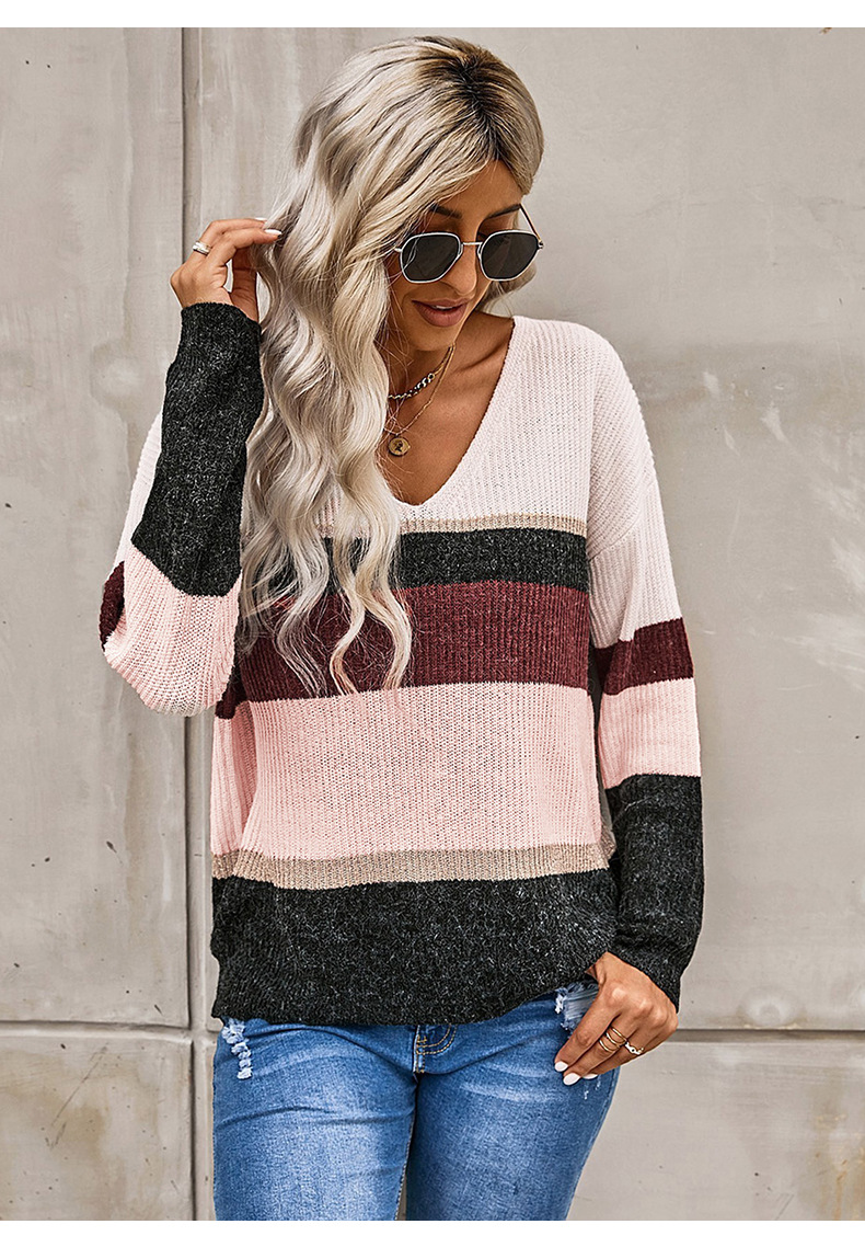 striped contrast long-sleeved v-neck knitted sweater  NSSI2379