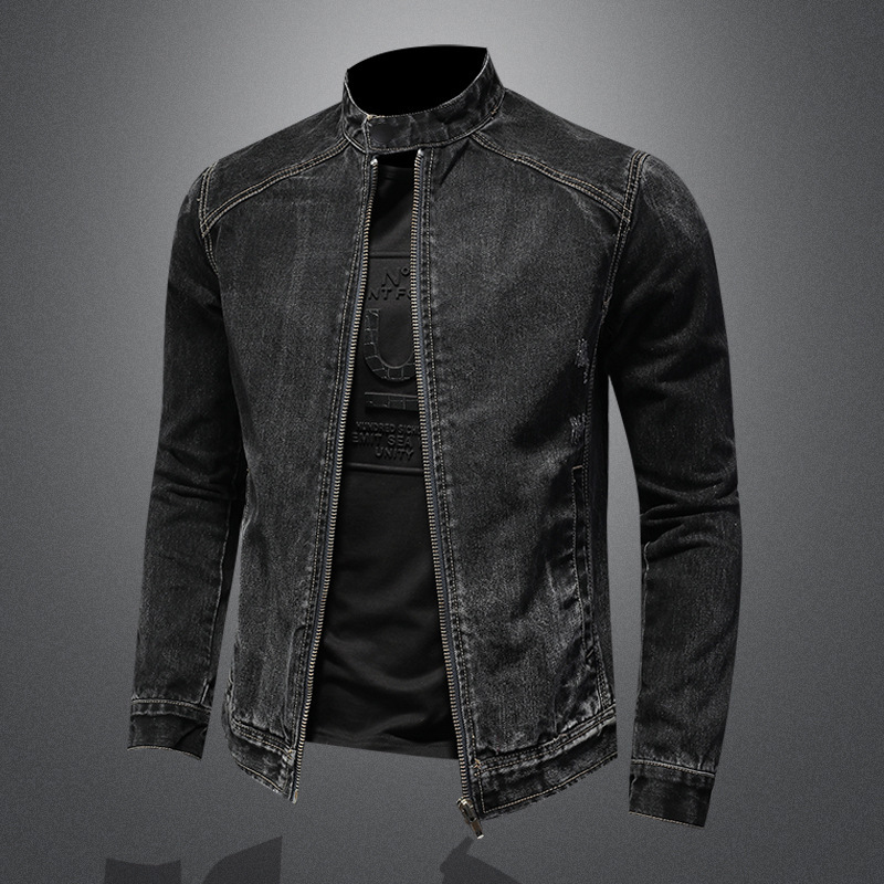 Cross-border foreign trade Spring and Autumn New stand collar zipper denim jacket men's large size trendy motorcycle jacket H0814 Cross-border foreign trade Spring and Autumn New stand collar zipper denim jacket men's large size trendy motorcycle jacket H0814