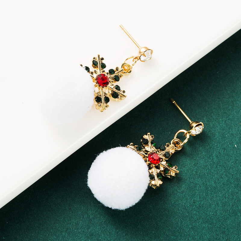 Christmas Series White Hair Ball Alloy Diamond Color Snowflake Earrings display picture 3