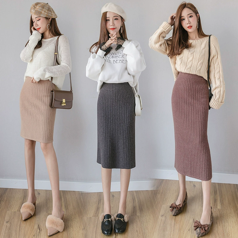 Осенне-зимняя утолщенная вязаная юбка Real Shot, Женская юбка с разрезом на бедрах, юбка средней длины из пряжи, одношаговая юбка