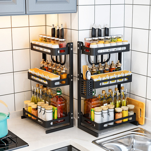Iron simple kitchen storage rack countertop multi-layer spice rack storage household seasoning box bottle shelf  new product
