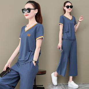 V-neck cotton-linen wide-leg pants casual suit women's summer 2022 new fashion casual temperament summer short-sleeved sportswear