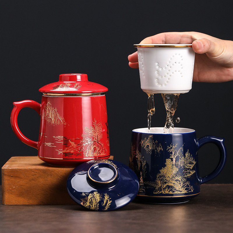 Ji Blue ceramics Gilt With cover Internal bile filter Tea separate Tea cup to work in an office Water cup business affairs gift logo