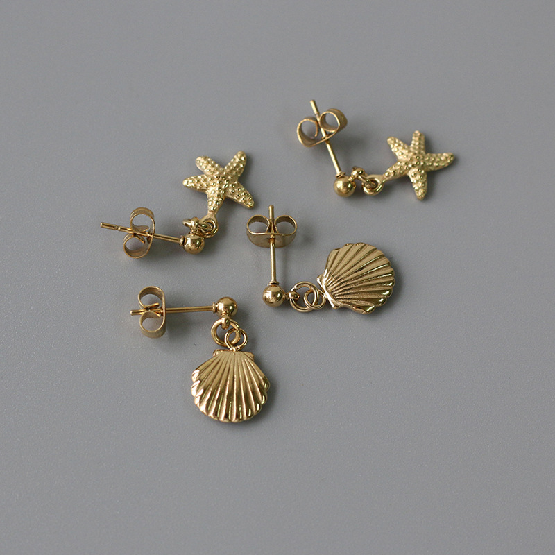 1 Pair Beach Simple Style Starfish Shell Plating Titanium Steel 14k Gold Plated Drop Earrings display picture 1