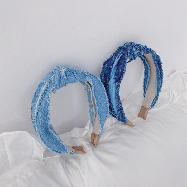 Korean Fashion Fold Denim Fabric Wide-brimmed New Handmade Knotted Hair Bundle Headband display picture 3