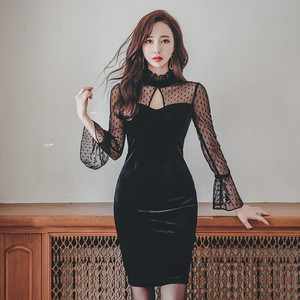 Hanging Neck Mesh Long sleeved Velvet Dress 6272GT2054