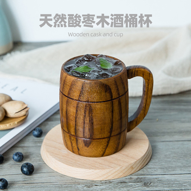 工厂创意酸枣木啤酒杯个性复古藏风餐厅木制牛奶水杯酒桶耳杯批发
