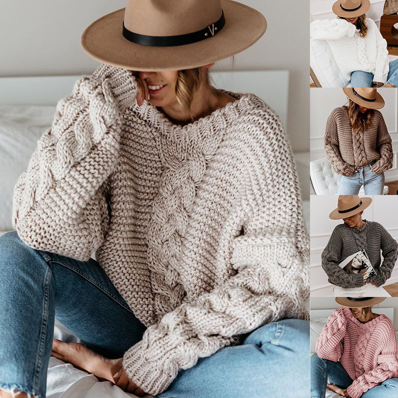 Suministro de comercio exterior deseo europeo y americano Otoño e Invierno popular color sólido suéter con cuello en V giro suéter suelto suéter casual para las mujeres