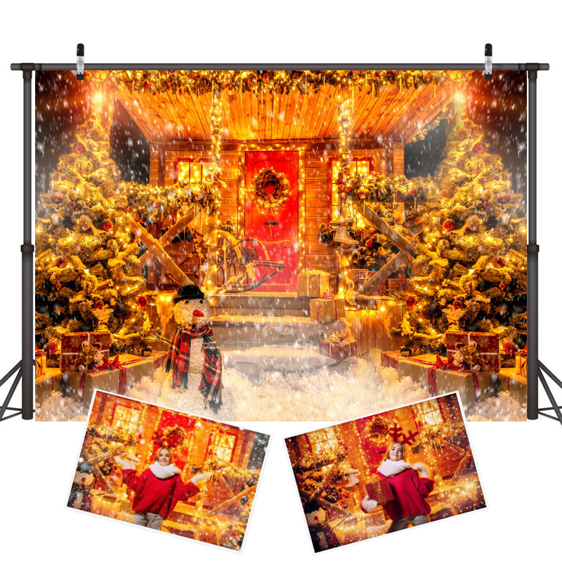 新款聖誕節背景布派對節日布置雪景聖誕樹兒童攝影背景跨境亞馬遜